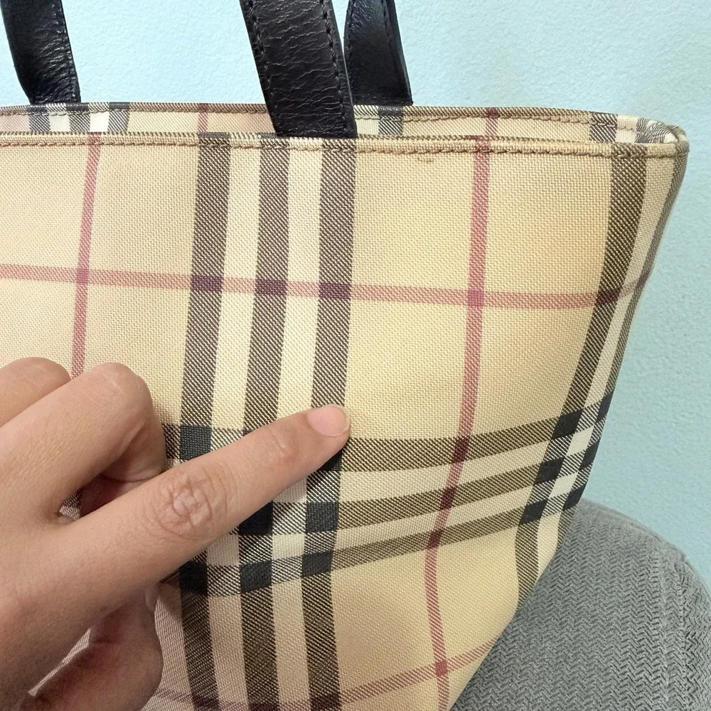 Burberry Nova Check Small Tote Bag‎ Beige Black Leather Handle Zip Italy